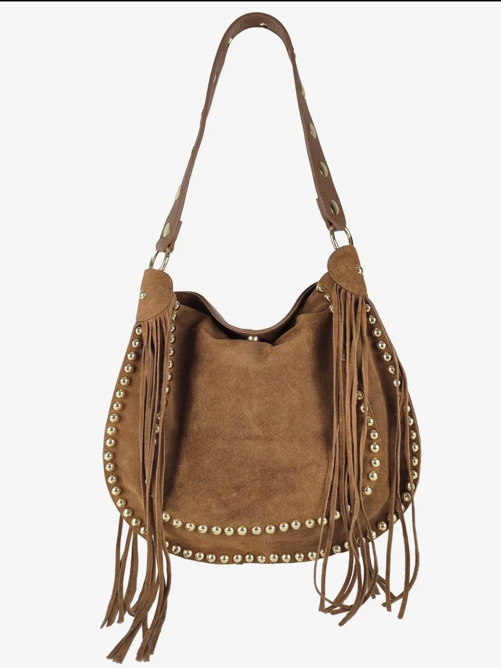 MADE IN ITALY LEATHER Stylish Studded Fringe Hobo Bag - - Picture 2 of 5